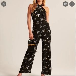 A&F halter black floral jumpsuit, size M